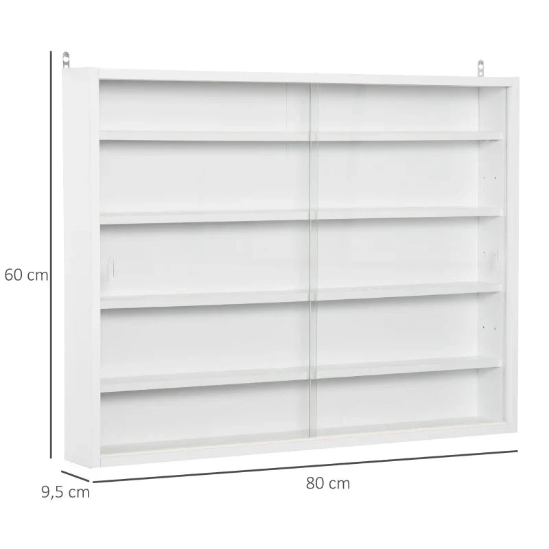 Vitrine de Parede de Madeira com Prateleiras Ajustáveis e 2 Portas Corredeiras de Vidro para Coleções Perfumes Bonecos de Decoração 80x9,5x60cm Branco