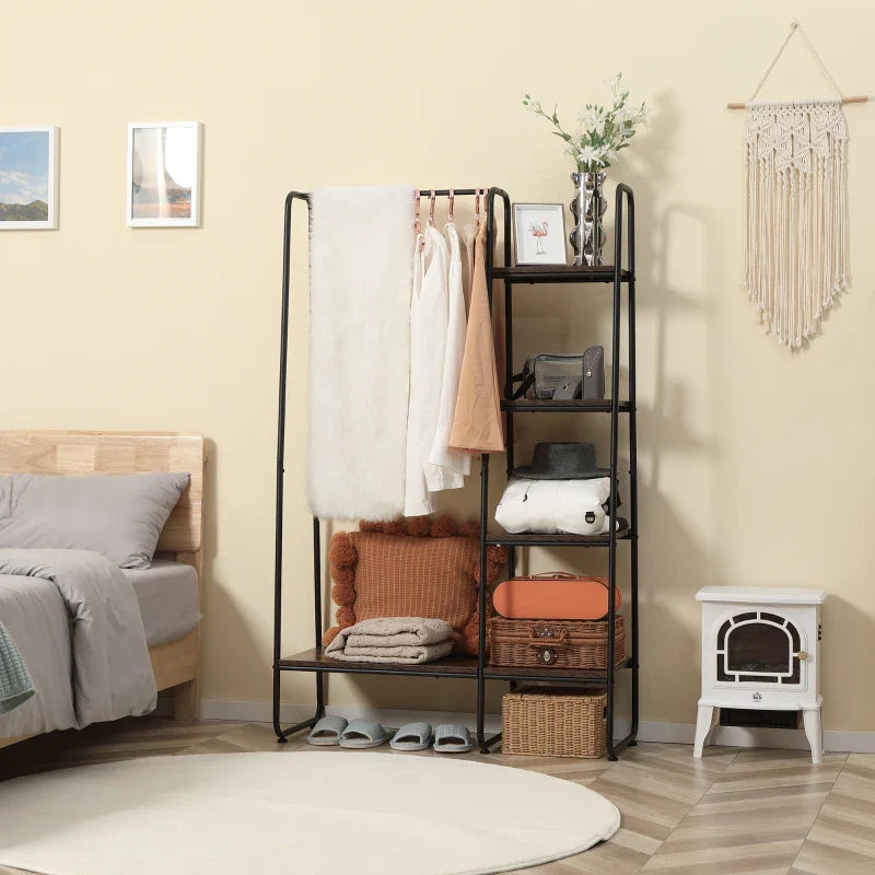 Suporte para Cabides Charriot de Madeira com 4 Prateleiras de Armazenamento e Barra de Pendurar para Dormitório Sala de Estar Entrada Estilo Industrial 101x39x160cm Café e Preto