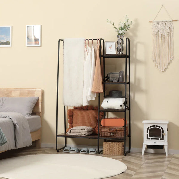 Suporte para Cabides Charriot de Madeira com 4 Prateleiras de Armazenamento e Barra de Pendurar para Dormitório Sala de Estar Entrada Estilo Industrial 101x39x160cm Café e Preto