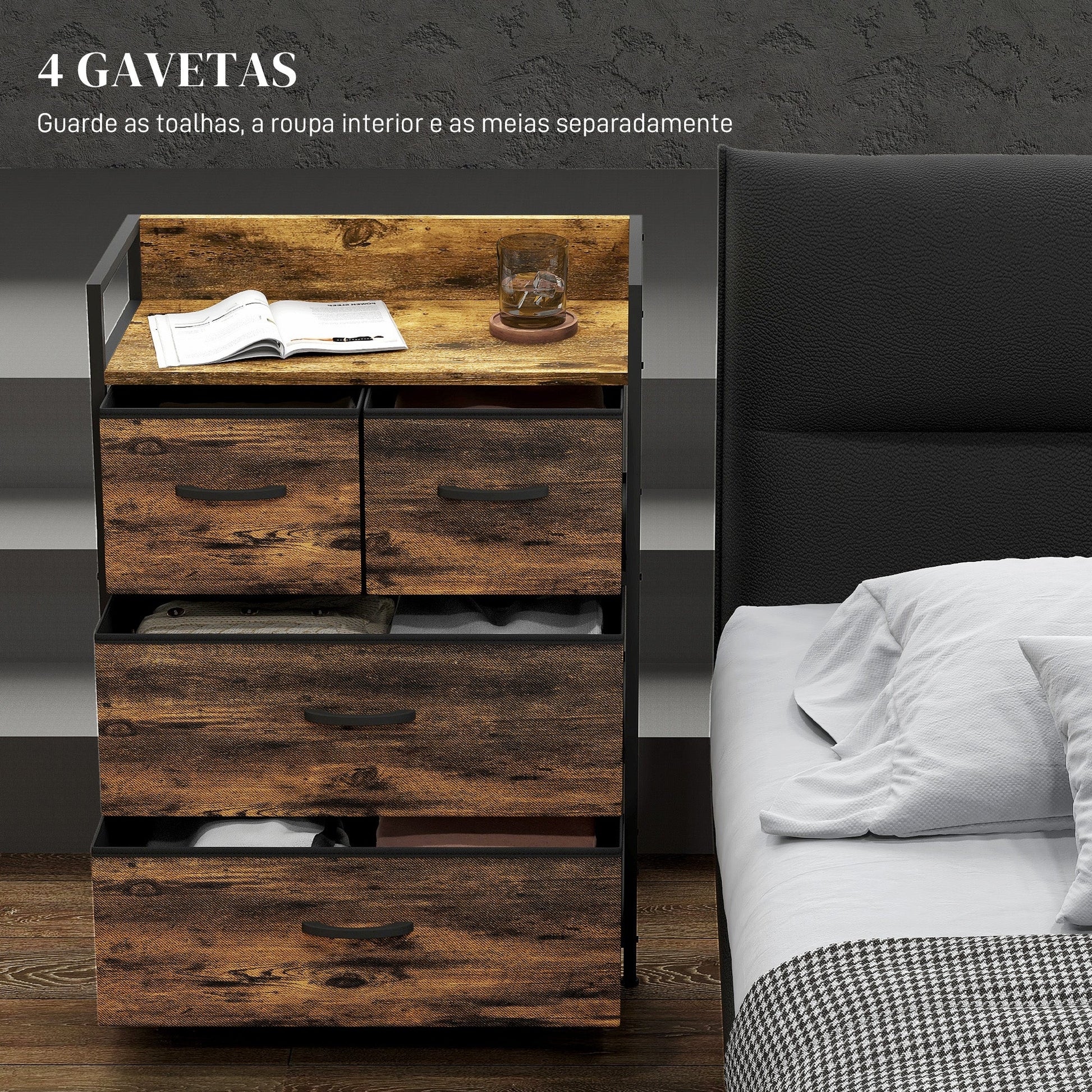 Cómoda de Quarto Armário de Armazenamento com 4 Gavetas Dobráveis Prateleira Aberta e Estrutura de Aço para Sala Entrada 60x29x85 cm Castanho Rústico