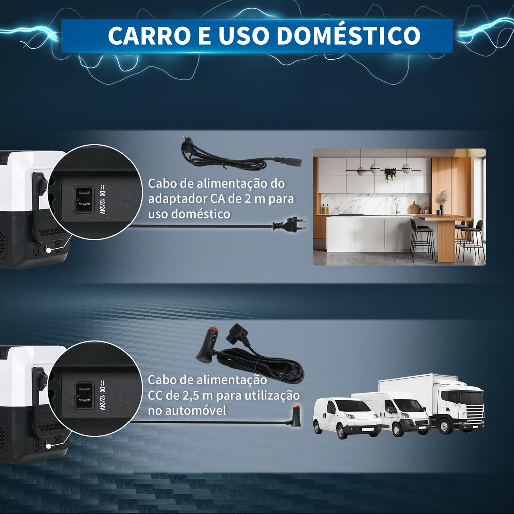 Geleira Elétrica de Compressor Portátil 30,5L para Carro -20℃ a 20℃ 12 / 24V CC e 100-240V AC com 2 Rodas Alças e Compartimento Congelador para Campismo Viagens 56,8x33x26,2 cm Preto – Modelo Biarritz