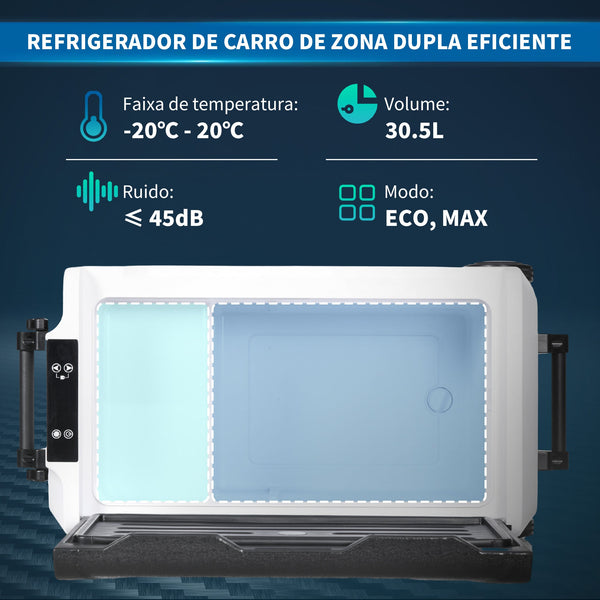 Geleira Elétrica de Compressor Portátil 30,5L para Carro -20℃ a 20℃ 12 / 24V CC e 100-240V AC com 2 Rodas Alças e Compartimento Congelador para Campismo Viagens 56,8x33x26,2 cm Preto – Modelo Biarritz
