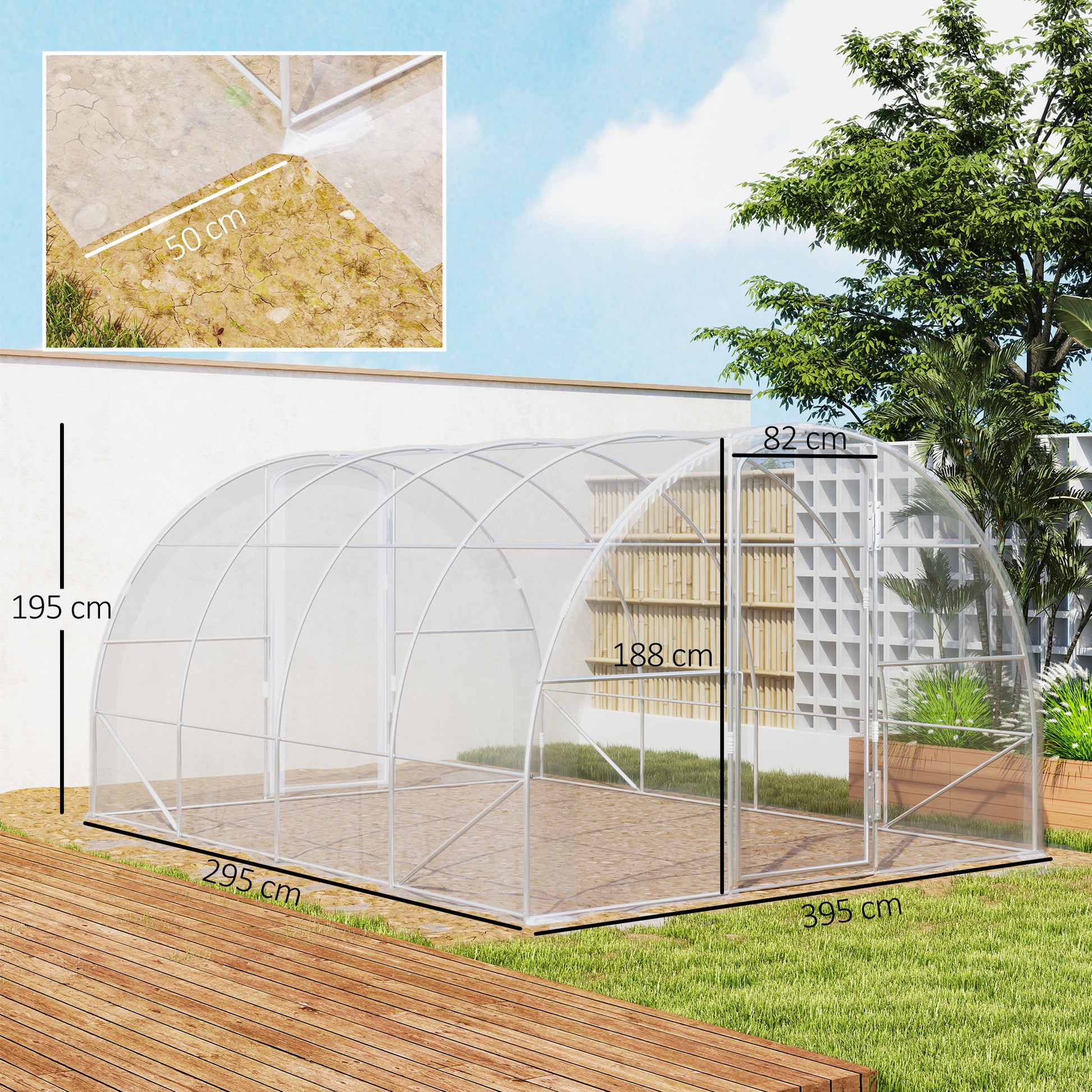 Estufa de Túnel 395x295x195 cm Estufa de Jardim com 2 Portas Estufa para Horticultura com Teto Arredondado para Cultivo de Plantas e Flores Transparente