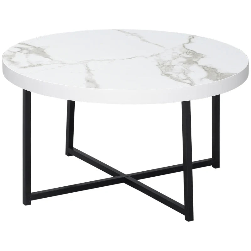 mesa de Centro Mesa de Sala de Estar Redonda com Bancada Similar ao Mármore e Estrutura de Metal para Escritório Estilo Moderno 80x80x45cm Branco e Preto