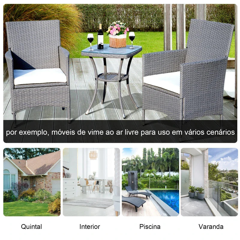 Conjunto de Móveis de Vime para Jardim Composto por 1 Mesa 2 Poltronas com Almofadas Móveis de Jardim Metal e Vime Cinza Claro