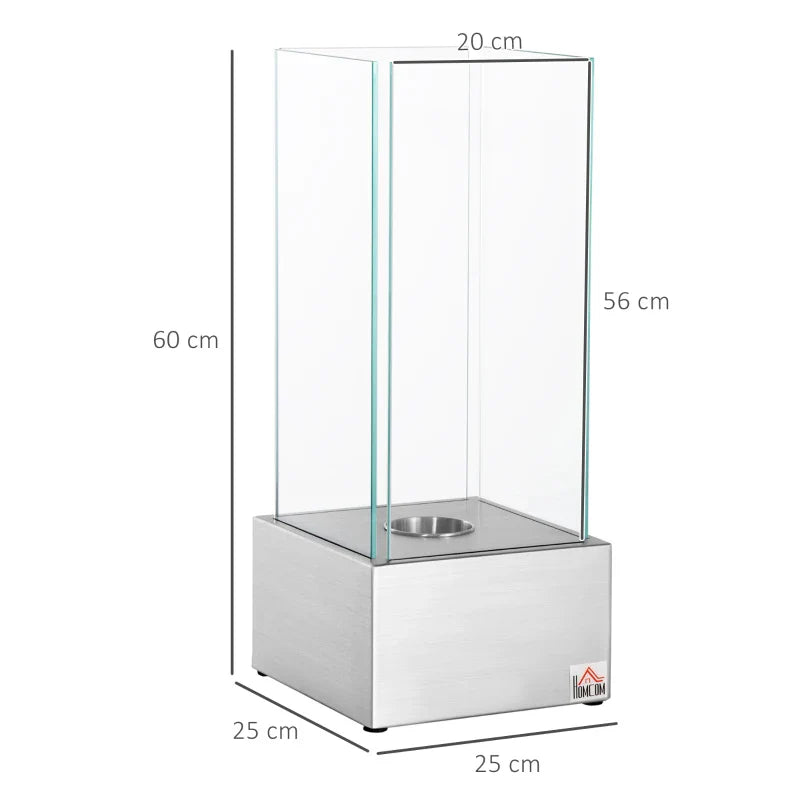 Lareira de Bioetanol de Pé 25x25x60cm Capacidade de 0,4L Combustão de 2 Horas Estufa de Bioetanol de Aço Inoxidável para Interior e Exterior Prata