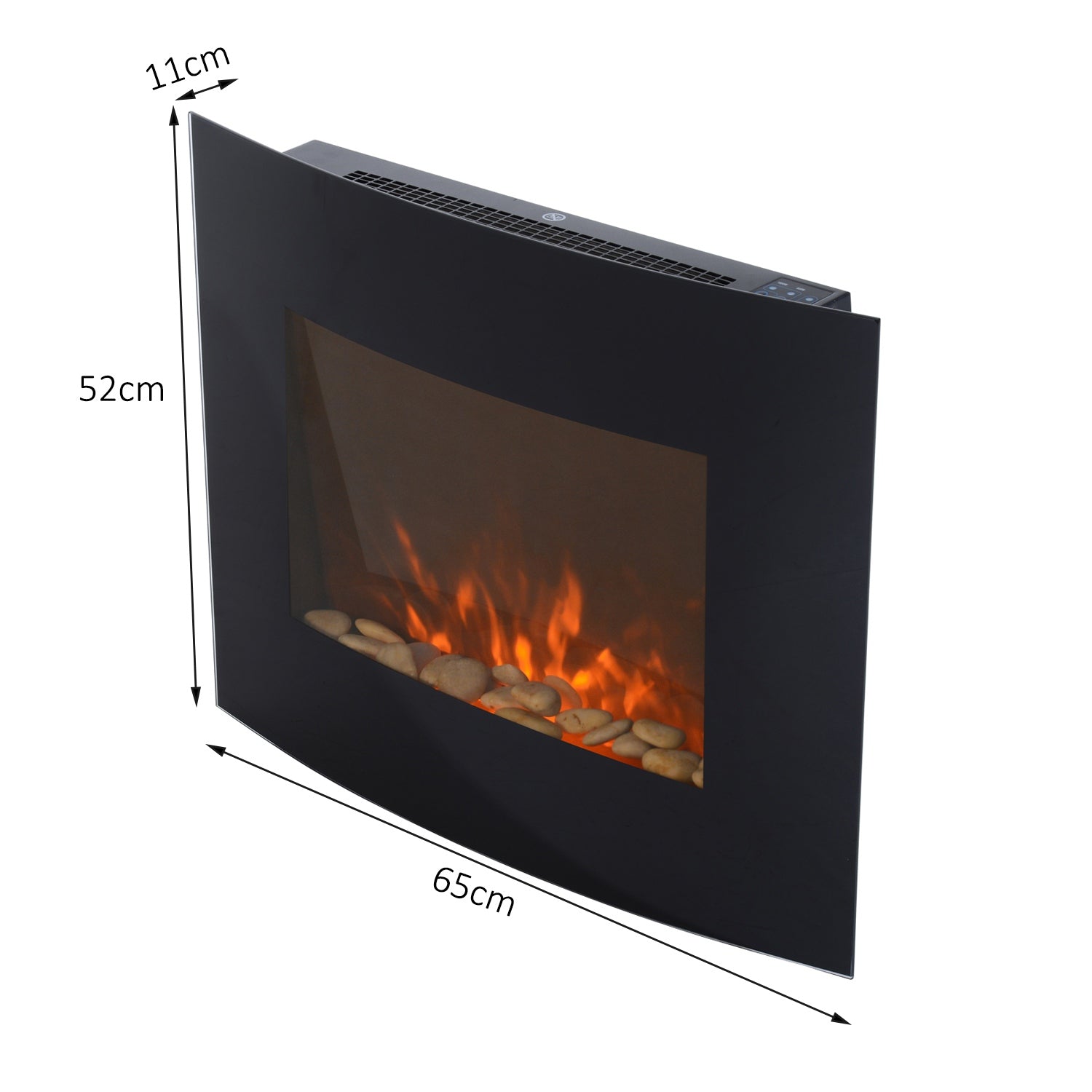 Lareira Elétrica de Parede com Efeito de Chamas Realistas e Luzes LED em 7 Cores com Controlo Remoto Potência 900W/1800W 65x11,4x52cm Preto