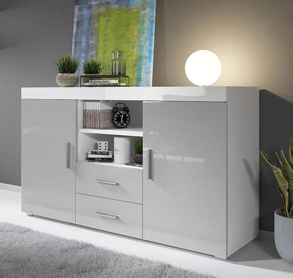 Aparador Manvy – 140x40x82 cm – Branco Brilhante e Cinzento – 2 Portas, 2 Gavetas e Estante Aberta