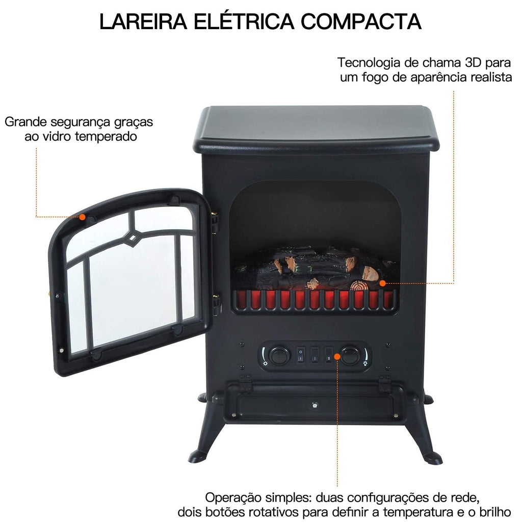 Lareira Elétrica Portátil 1000/2000W com Efeito de Chama Realista Termostato e Proteção Contra Superaquecimento para Ambientes entre 15-20m² 45x28x54cm Preto