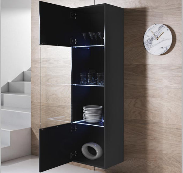 Vitrine Suspensa Leiko – Preto – 40x29x165 cm – 1 Porta com LED Azul e 4 Compartimentos em Vidro
