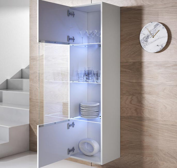 Vitrine Suspensa Rialba – Branco – 40x29x165 cm – Com LED Azul e Prateleiras em Vidro