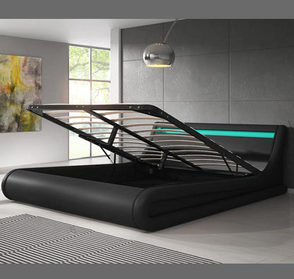 Cama Hidráulica com Arrumação "Patricia" - 140x190 cm - Preto - Polipele PU - Somier Incluído - Design Moderno