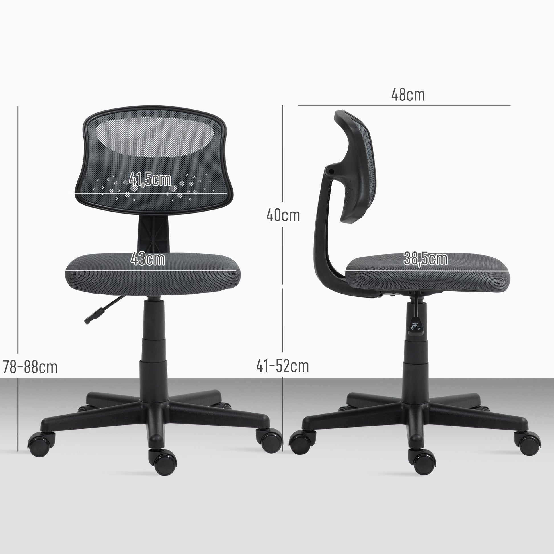Cadeira de Escritório sem Apoio para os Braços Cadeira de Escritório Giratória com Encosto de Malha Respirável Altura Ajustável Carga 120 kg 43x48x78-88 cm Cinza