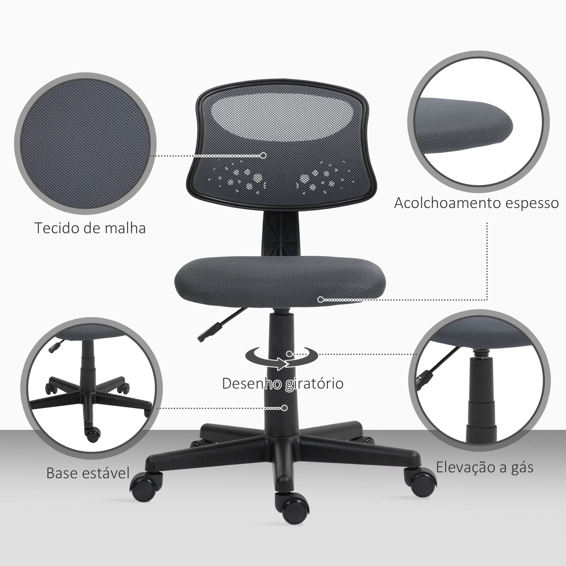 Cadeira de Escritório sem Apoio para os Braços Cadeira de Escritório Giratória com Encosto de Malha Respirável Altura Ajustável Carga 120 kg 43x48x78-88 cm Cinza