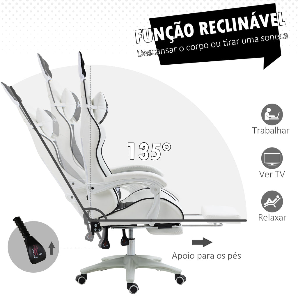 Cadeira Gaming Profissional Cadeira Gamer Giratória de Couro PU com Altura Ajustável Inclinável 135° Apoio para a Cabeça e Apoio para os Pés para Escritório 65x63x136-142 cm Branco e Preto