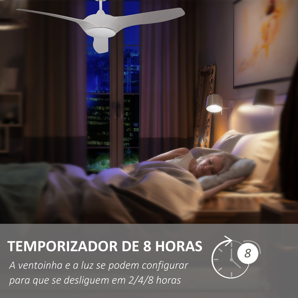 Ventoinha de Teto Diâmetro 132cm com Luz LED Controle Remoto 3 Lâminas Reversíveis 6 Velocidades e Temporizador Silencioso para Dormitório Sala de Estar Sala de Jantar Branco