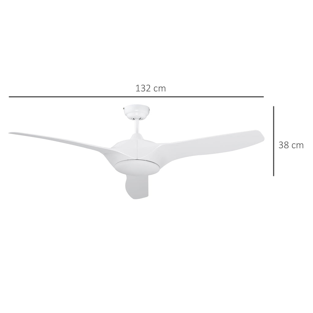 Ventoinha de Teto Diâmetro 132cm com Luz LED Controle Remoto 3 Lâminas Reversíveis 6 Velocidades e Temporizador Silencioso para Dormitório Sala de Estar Sala de Jantar Branco