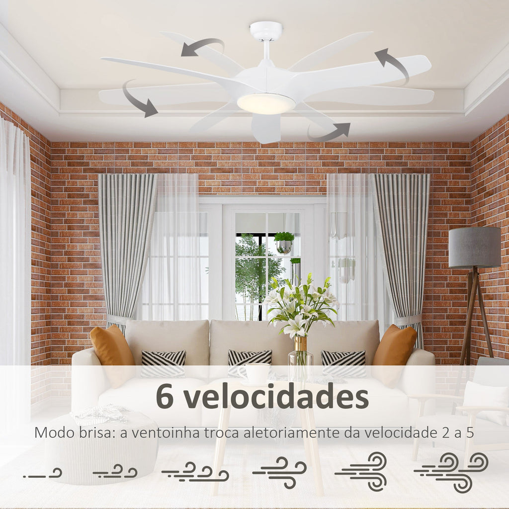 Ventoinha de Teto Diâmetro 132cm com Luz LED Controle Remoto 3 Lâminas Reversíveis 6 Velocidades e Temporizador Silencioso para Dormitório Sala de Estar Sala de Jantar Branco