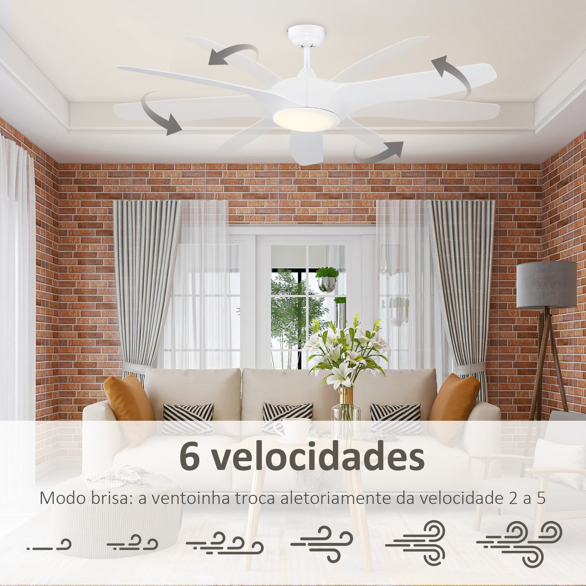 Ventoinha de Teto Diâmetro 132cm com Luz LED Controle Remoto 3 Lâminas Reversíveis 6 Velocidades e Temporizador Silencioso para Dormitório Sala de Estar Sala de Jantar Branco