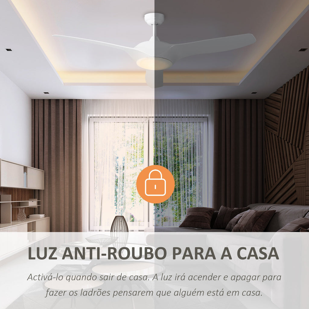 Ventoinha de Teto Diâmetro 132cm com Luz LED Controle Remoto 3 Lâminas Reversíveis 6 Velocidades e Temporizador Silencioso para Dormitório Sala de Estar Sala de Jantar Branco