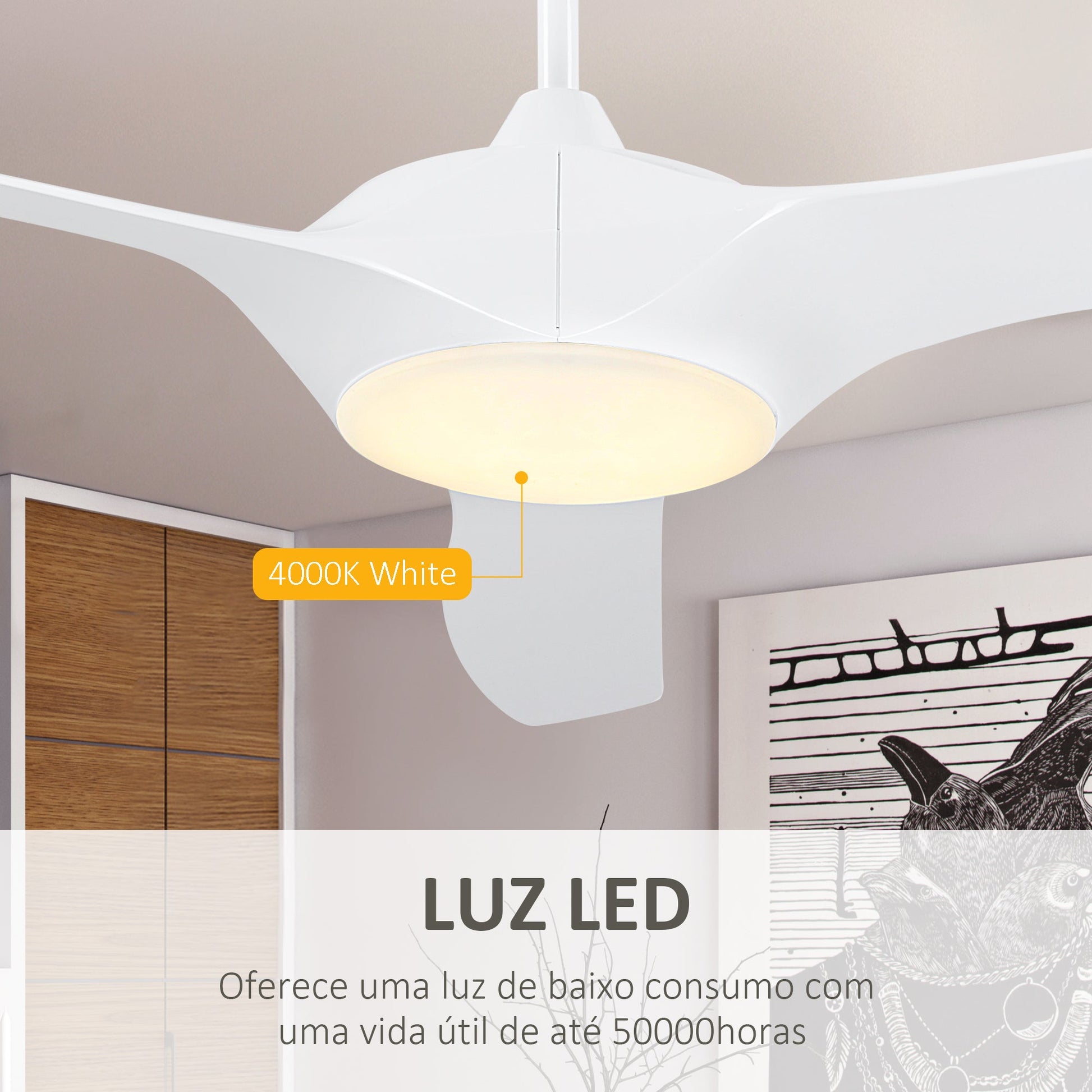 Ventoinha de Teto Diâmetro 132cm com Luz LED Controle Remoto 3 Lâminas Reversíveis 6 Velocidades e Temporizador Silencioso para Dormitório Sala de Estar Sala de Jantar Branco