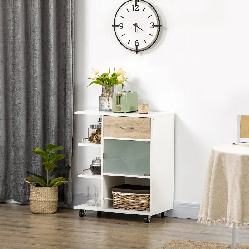 Carrinho de Cozinha com 1 Gaveta Porta de Vidro e Prateleiras Abertas Carrinho de Cozinha Auxiliar com Rodas para Sala de Estar Casa de Banho 65x39x80cm Madeira e Branco