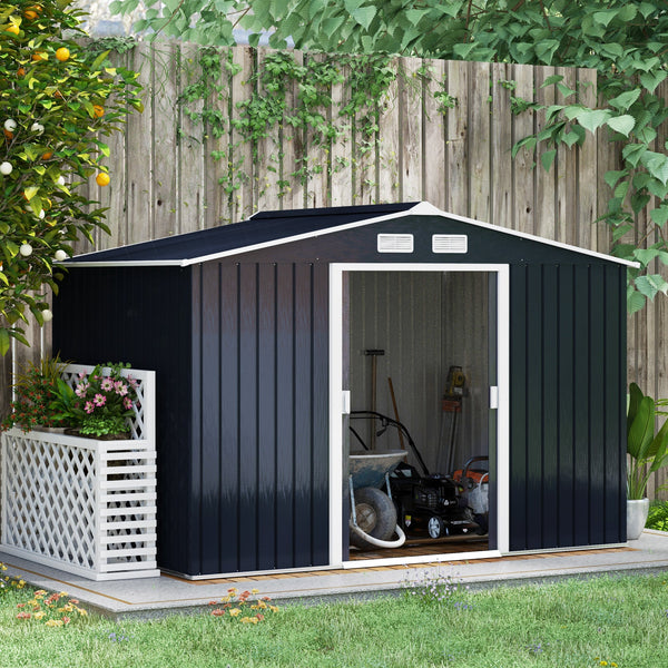 Abrigo de Jardim Exterior Abrigo e Jardim Metálico para Armazenamento de Ferramentas com Base Incluída e 4 Janelas 277x195x192cm Cinza Escuro