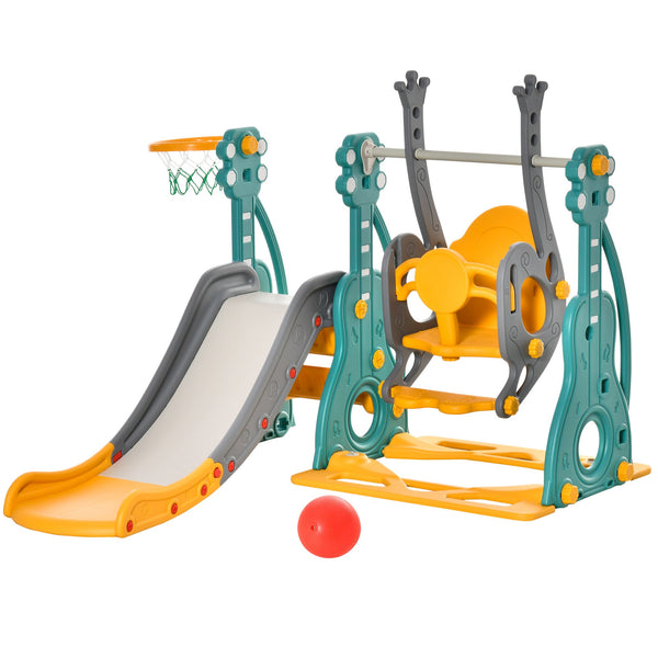 Escorega Infantil com Baloiço e Cesta de Basquetebol 3 em 1 para 18-36 Meses com Assento Ajustável Parque Infantil para Interior e Exterior 152x149x107cm Multicor