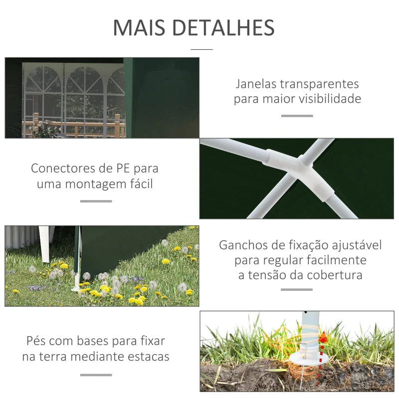 Tenda para Festas 585x295x255 cm com 4 Paredes Laterais e 2 Janelas Pérgola de Exterior com Estrutura de Aço para Festas Eventos Casamentos Verde