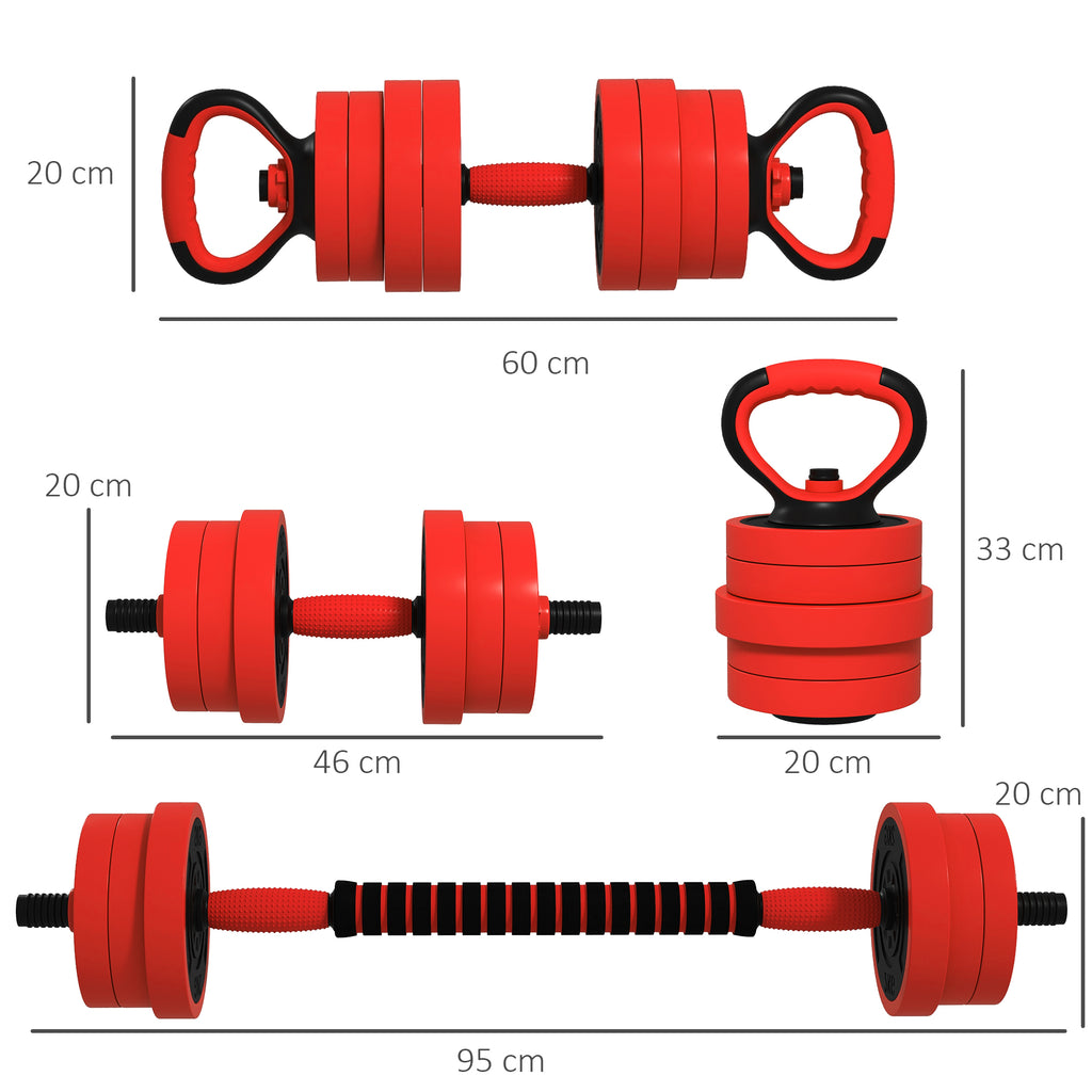 SPORTNOW Conjunto de Halteres 20kg 4 em 1 Conjunto de Pesos com Kettlebell Barra de Pesos para Treino de Força em Casa Ginásio Escritório vermelho