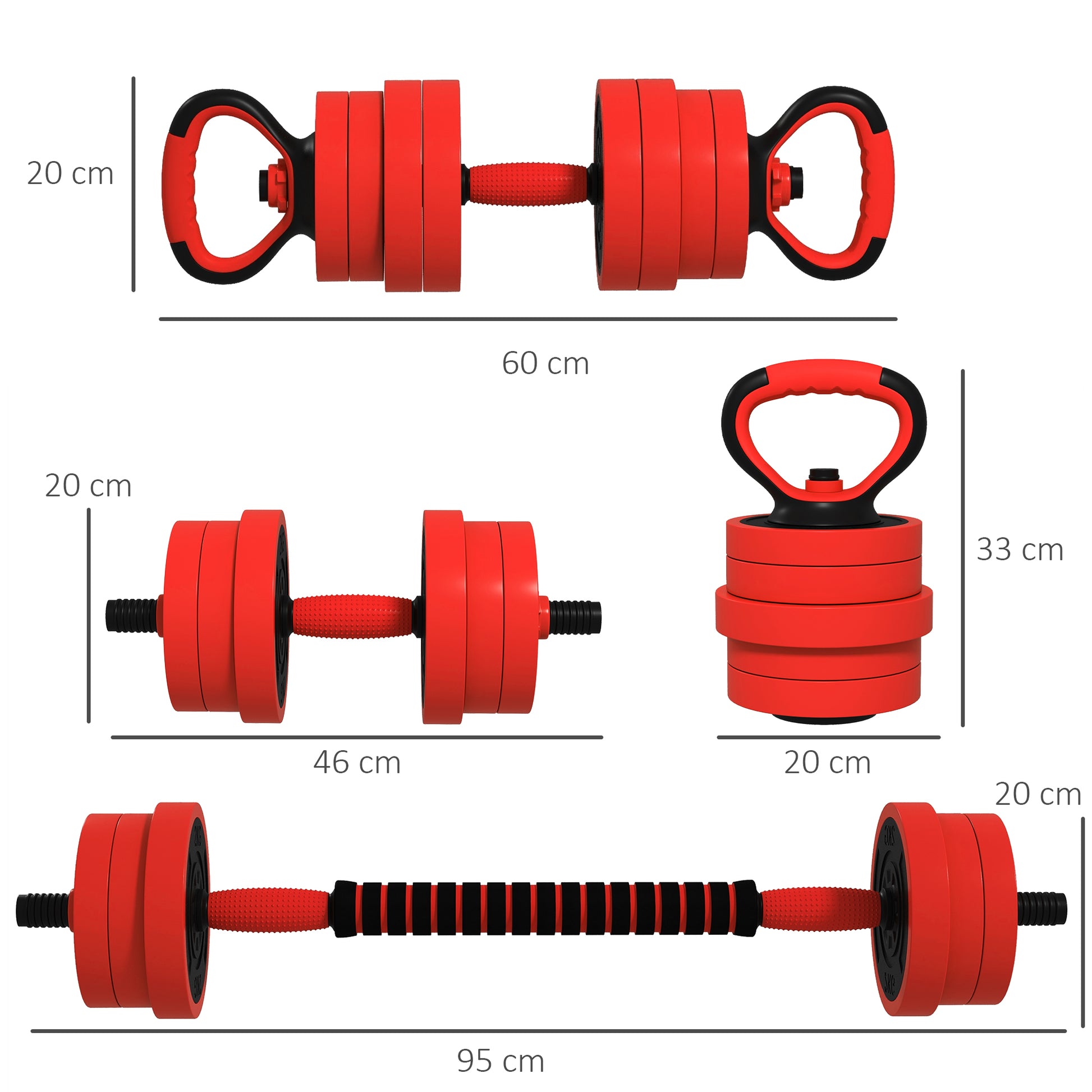 SPORTNOW Conjunto de Halteres 20kg 4 em 1 Conjunto de Pesos com Kettlebell Barra de Pesos para Treino de Força em Casa Ginásio Escritório vermelho