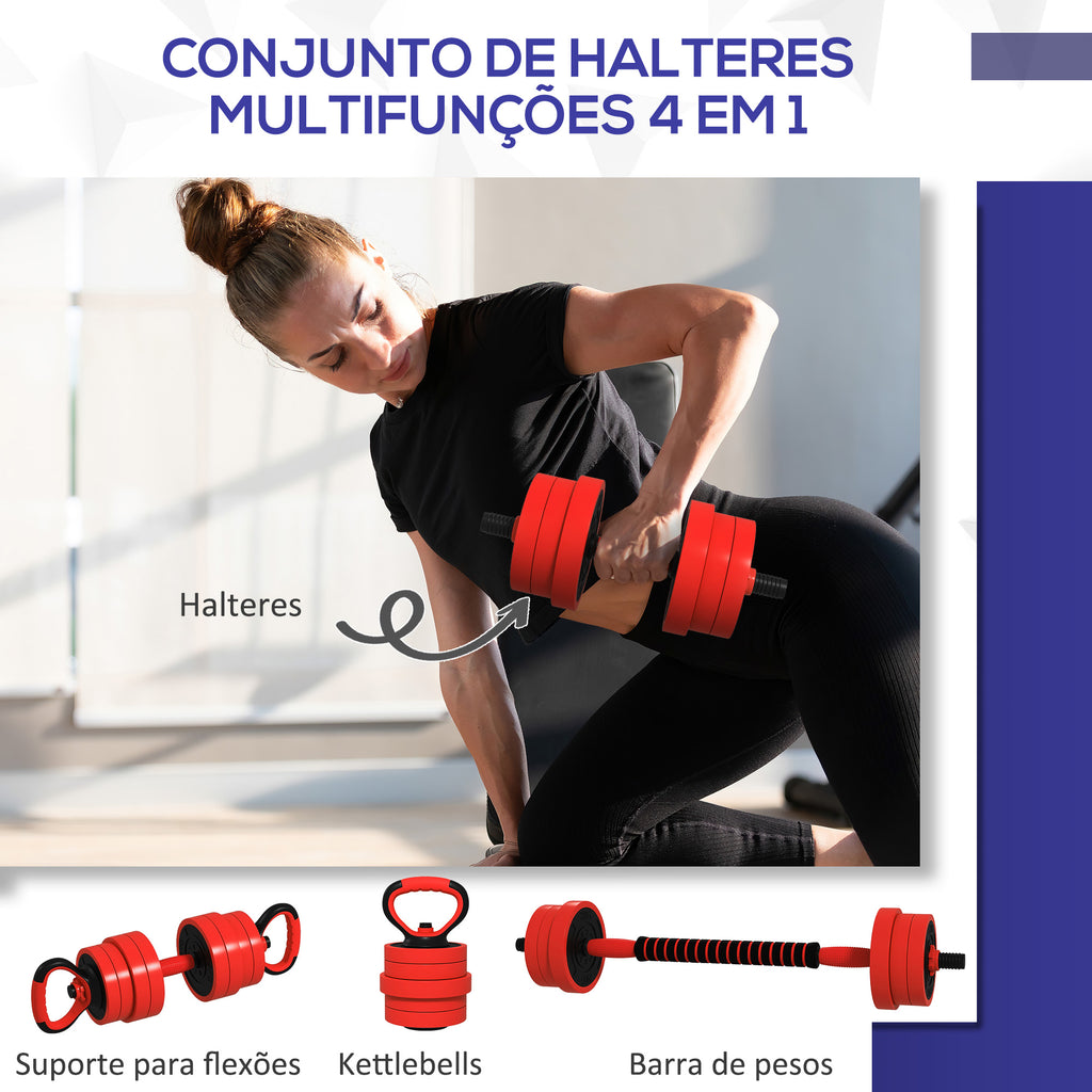 SPORTNOW Conjunto de Halteres 20kg 4 em 1 Conjunto de Pesos com Kettlebell Barra de Pesos para Treino de Força em Casa Ginásio Escritório vermelho