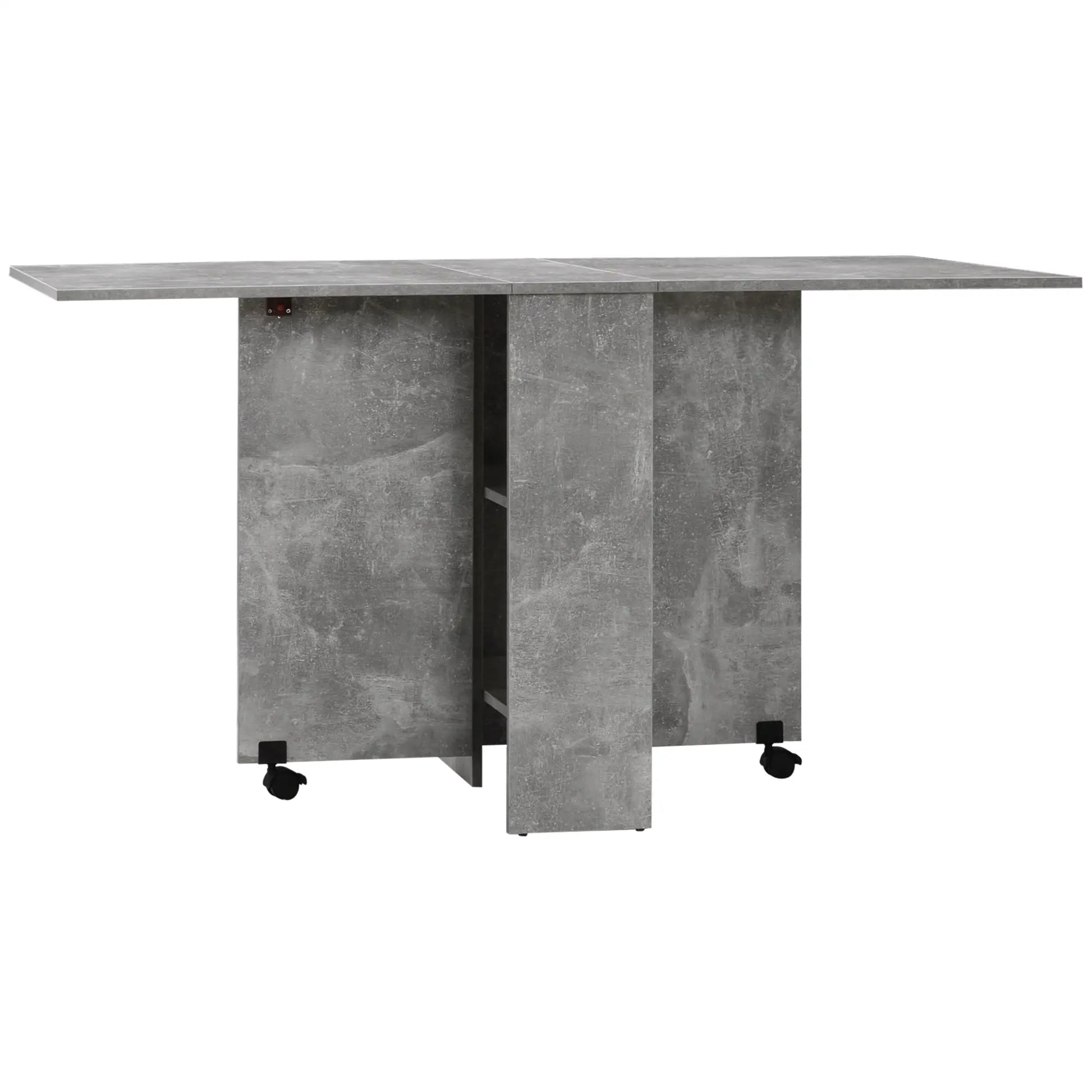 Mesa de Sala de Jantar Dobrável Mesa de Madeira com 2 Prateleiras de Armazenamento e Rodas para Cozinha 75x140x74 cm Cinza