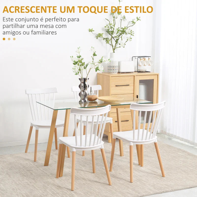 Conjunto de 4 Cadeiras Estilo Nórdico Cadeiras de Cozinha com Encosto Alto Assento de Polipropileno e Pés de Madeira de Faia Carga Máx. 120kg 48x52,5x83cm Branco e Madeira