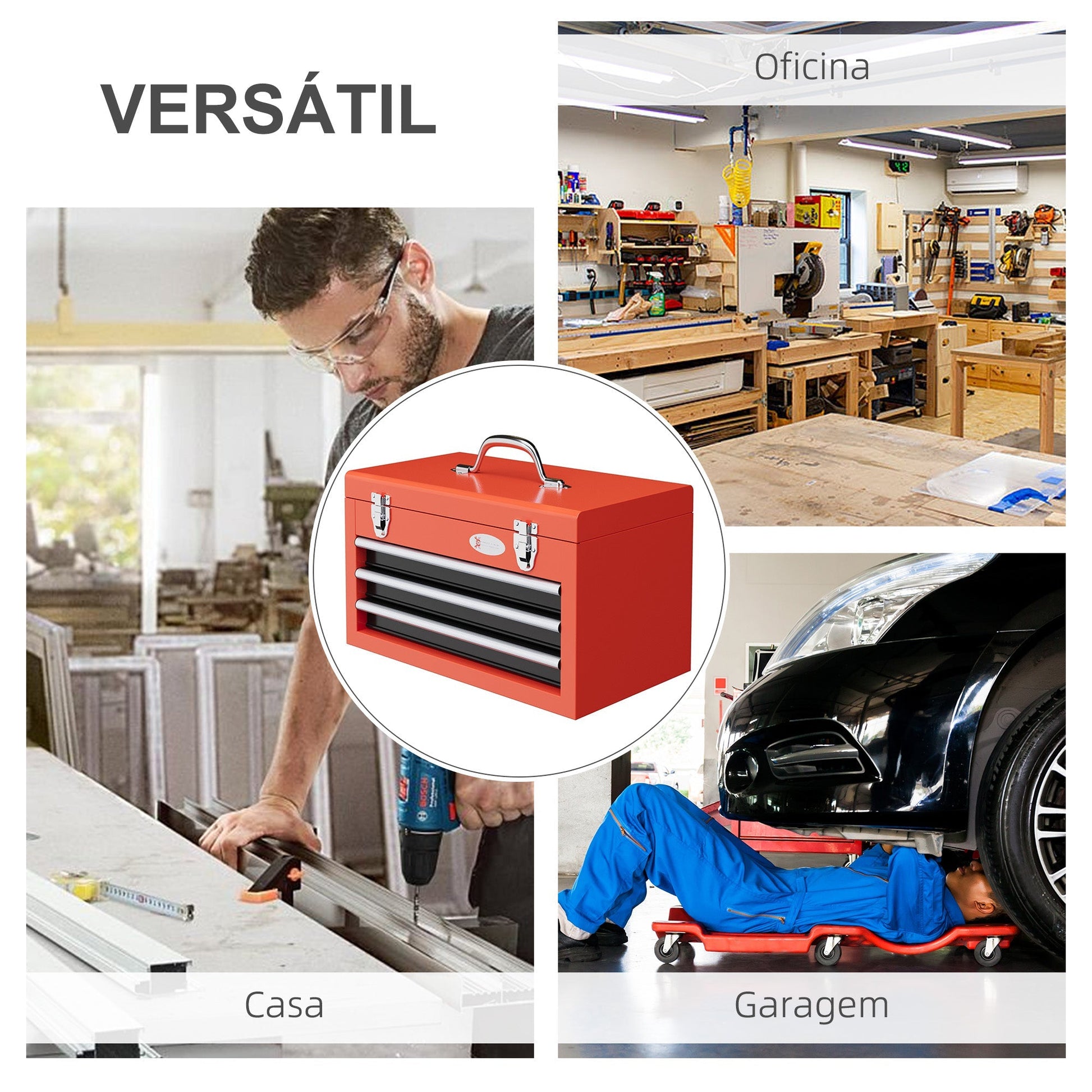 DURHAND Caixa de Ferramentas de Aço Baú de Ferramentas Portátil com 2 Gavetas e 1 Caixa Superior e Alça para Oficina Garagem Casa 45x24x27 cm Vermelho - A minha loja