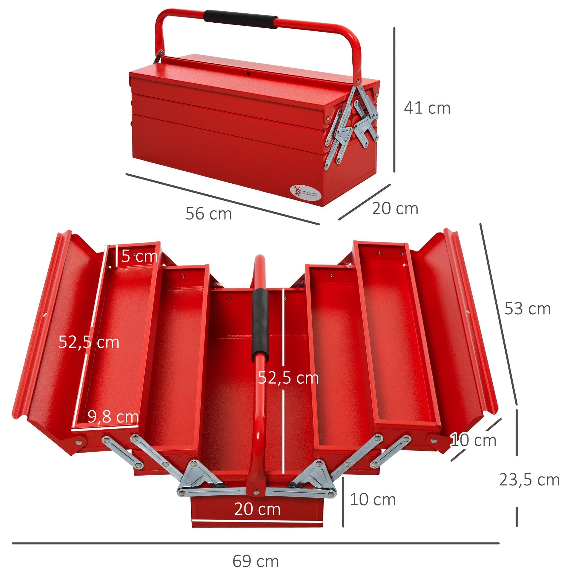 DURHAND Caixa de Ferramentas de Aço Dobrável Portátil com 5 compartimentos com Alça de Transporte para Oficina Bricolagem 57x21x41cm Vermelho - A minha loja
