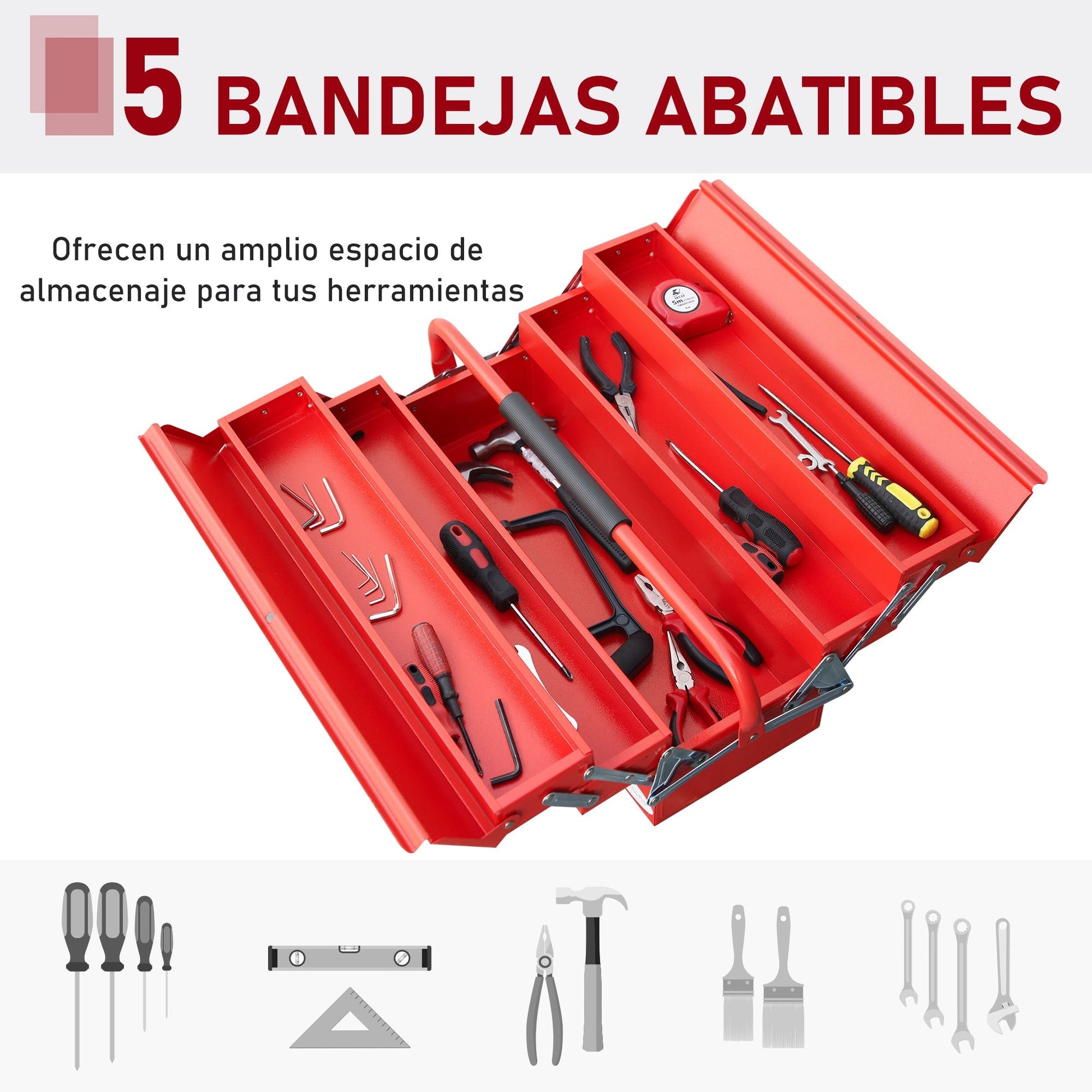 DURHAND Caixa de Ferramentas de Aço Dobrável Portátil com 5 compartimentos com Alça de Transporte para Oficina Bricolagem 57x21x41cm Vermelho - A minha loja