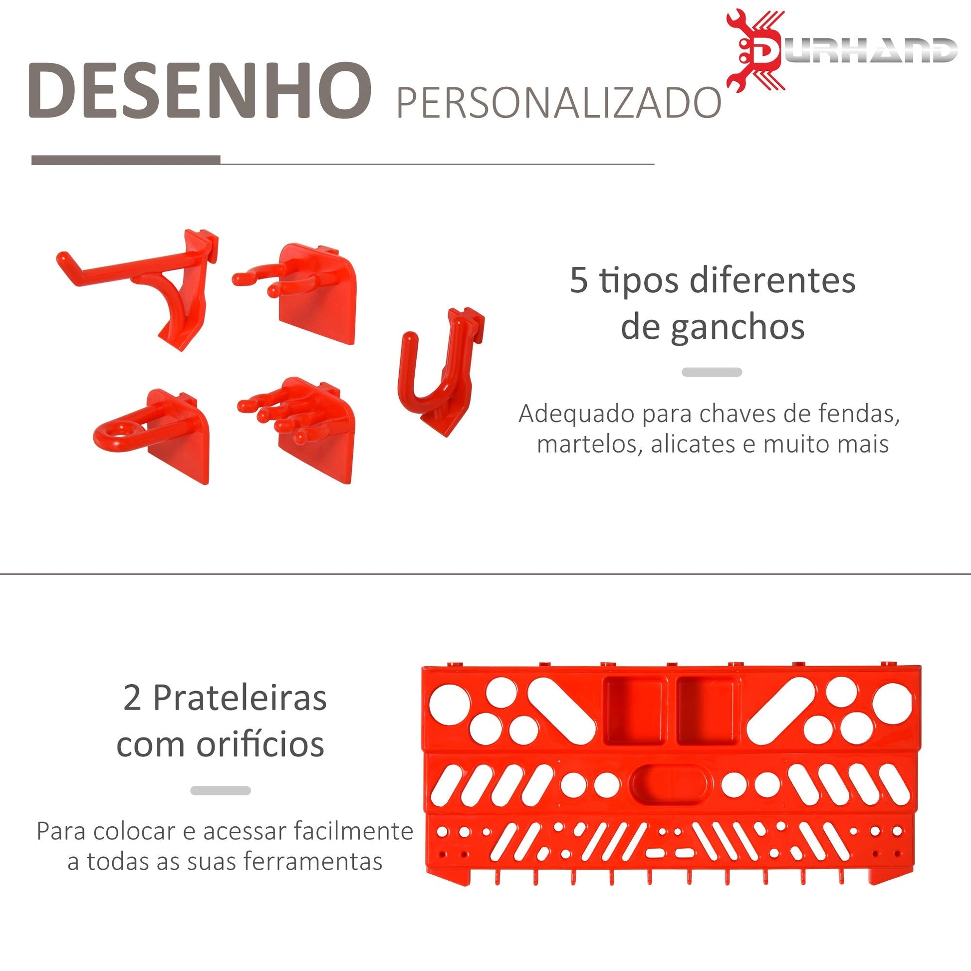 DURHAND Estante de Parede com Sistema de Armazenamento 95,5x23x53,5cm Suporte para Ferramentas com 54 Peças 50 Ganchos para Oficina Garagens Vermelho e Cinza - A minha loja