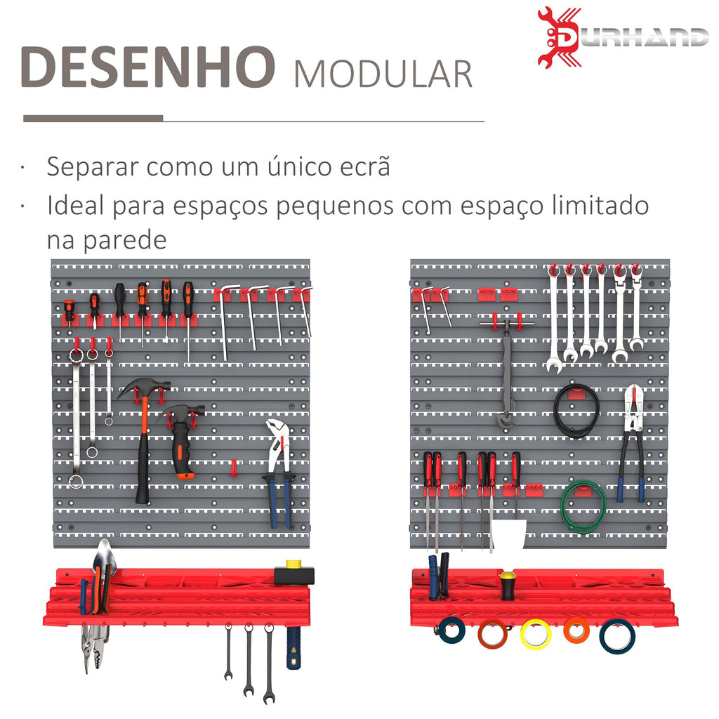 DURHAND Estante de Parede com Sistema de Armazenamento 95,5x23x53,5cm Suporte para Ferramentas com 54 Peças 50 Ganchos para Oficina Garagens Vermelho e Cinza - A minha loja