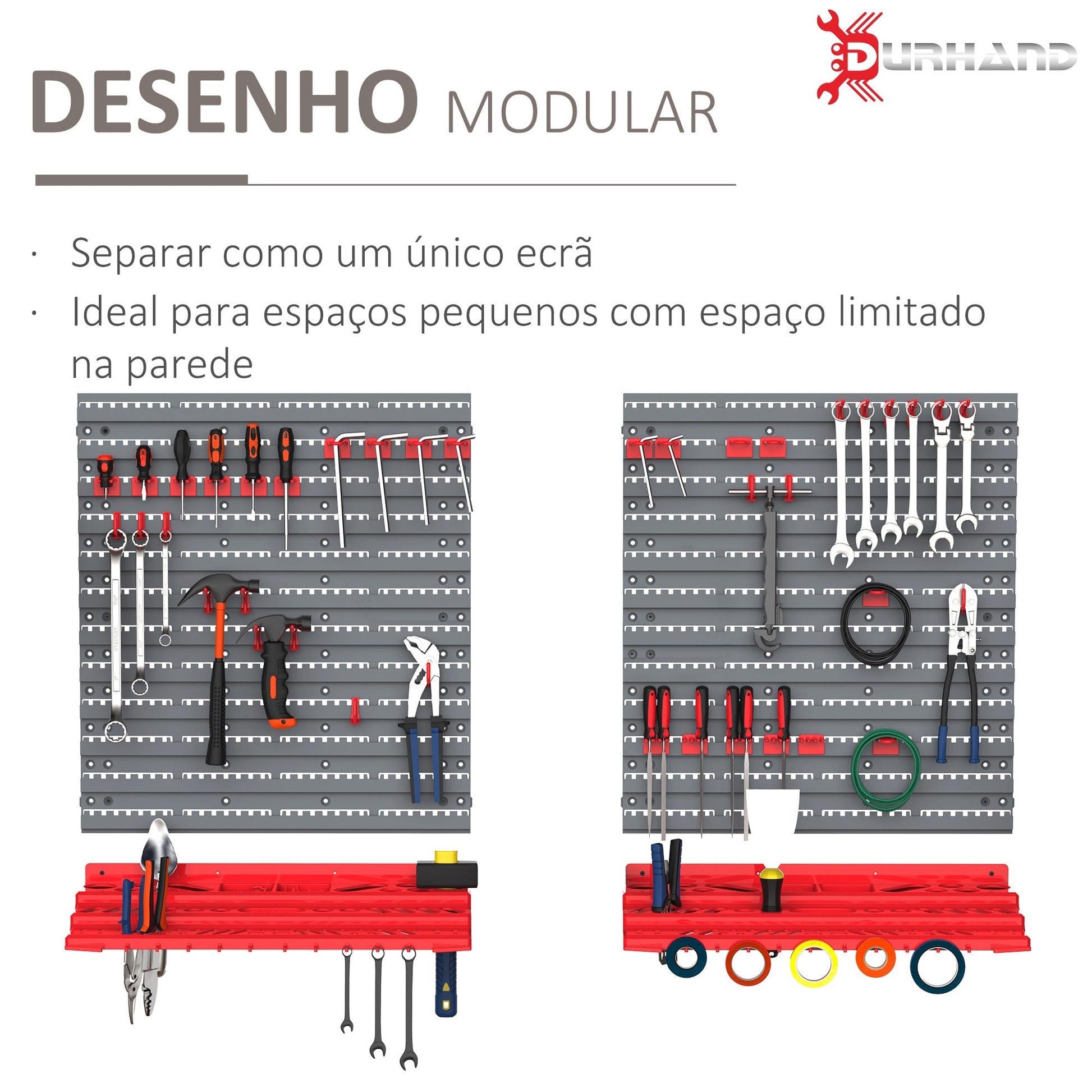 DURHAND Estante de Parede com Sistema de Armazenamento 95,5x23x53,5cm Suporte para Ferramentas com 54 Peças 50 Ganchos para Oficina Garagens Vermelho e Cinza - A minha loja