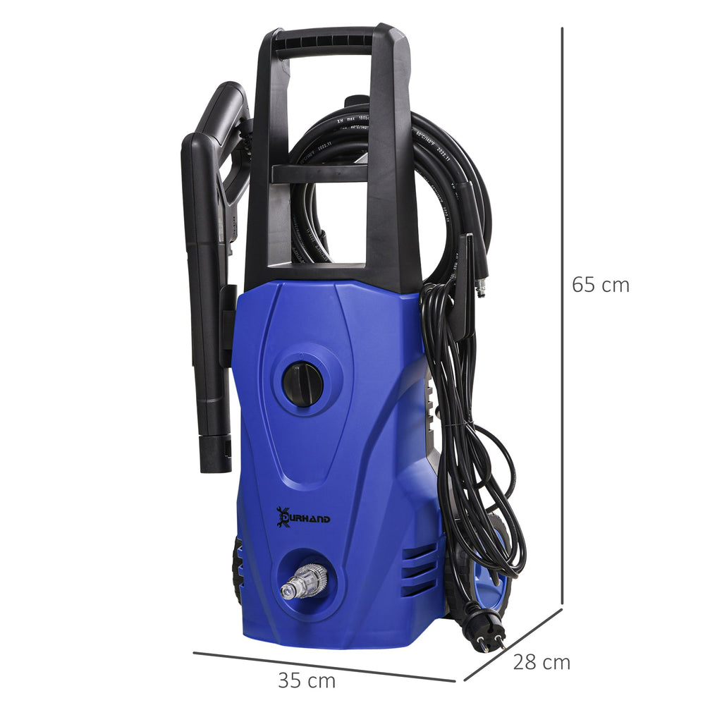 DURHAND Lavadora de Alta Pressão 1600W Caudal 432 L/h Bomba de Alumínio Pressão de 135 Bar Mangueira de 6 m Inclui Garrafas de Sabão Bocal Escova 32x24x65 cm Azul - A minha loja