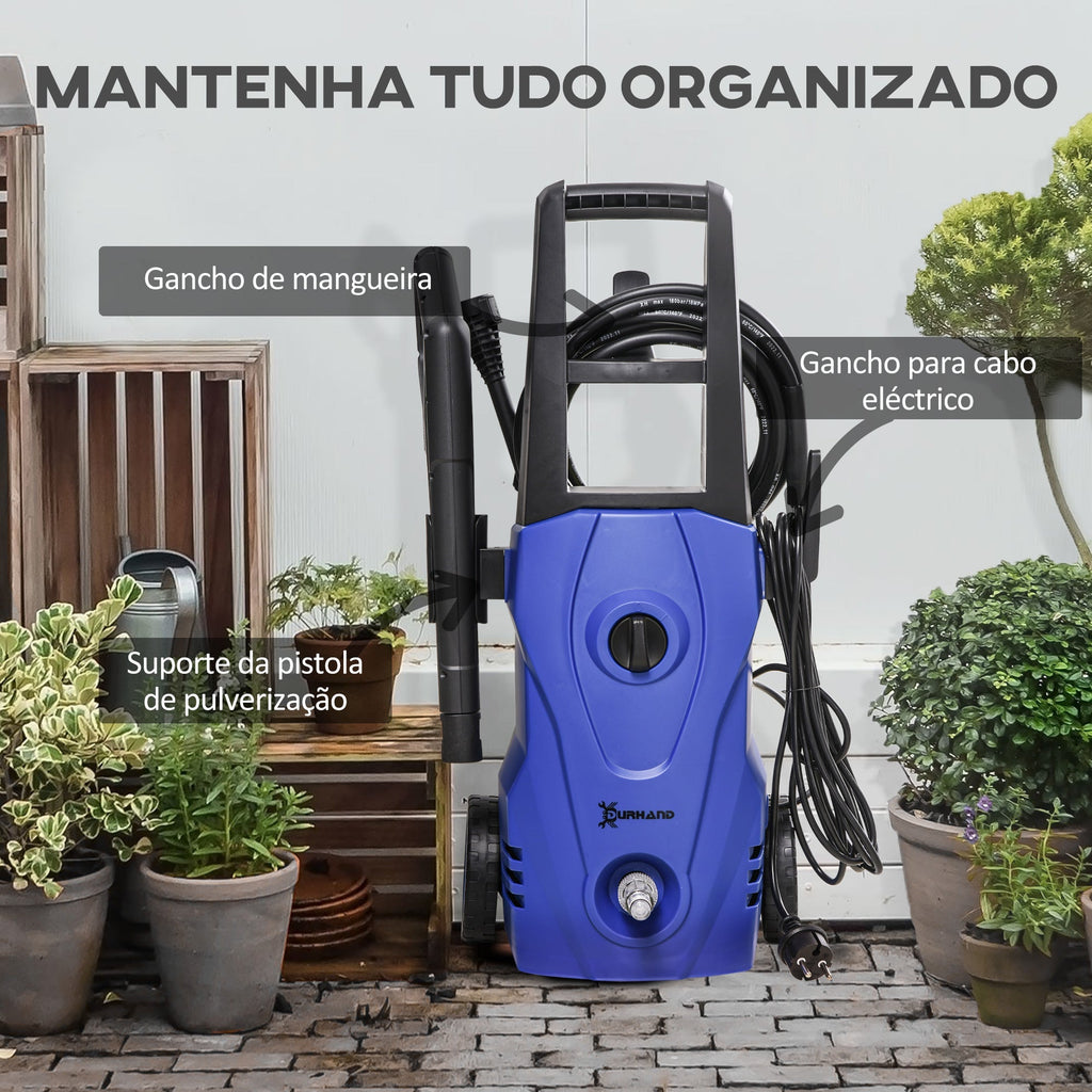 DURHAND Lavadora de Alta Pressão 1600W Caudal 432 L/h Bomba de Alumínio Pressão de 135 Bar Mangueira de 6 m Inclui Garrafas de Sabão Bocal Escova 32x24x65 cm Azul - A minha loja