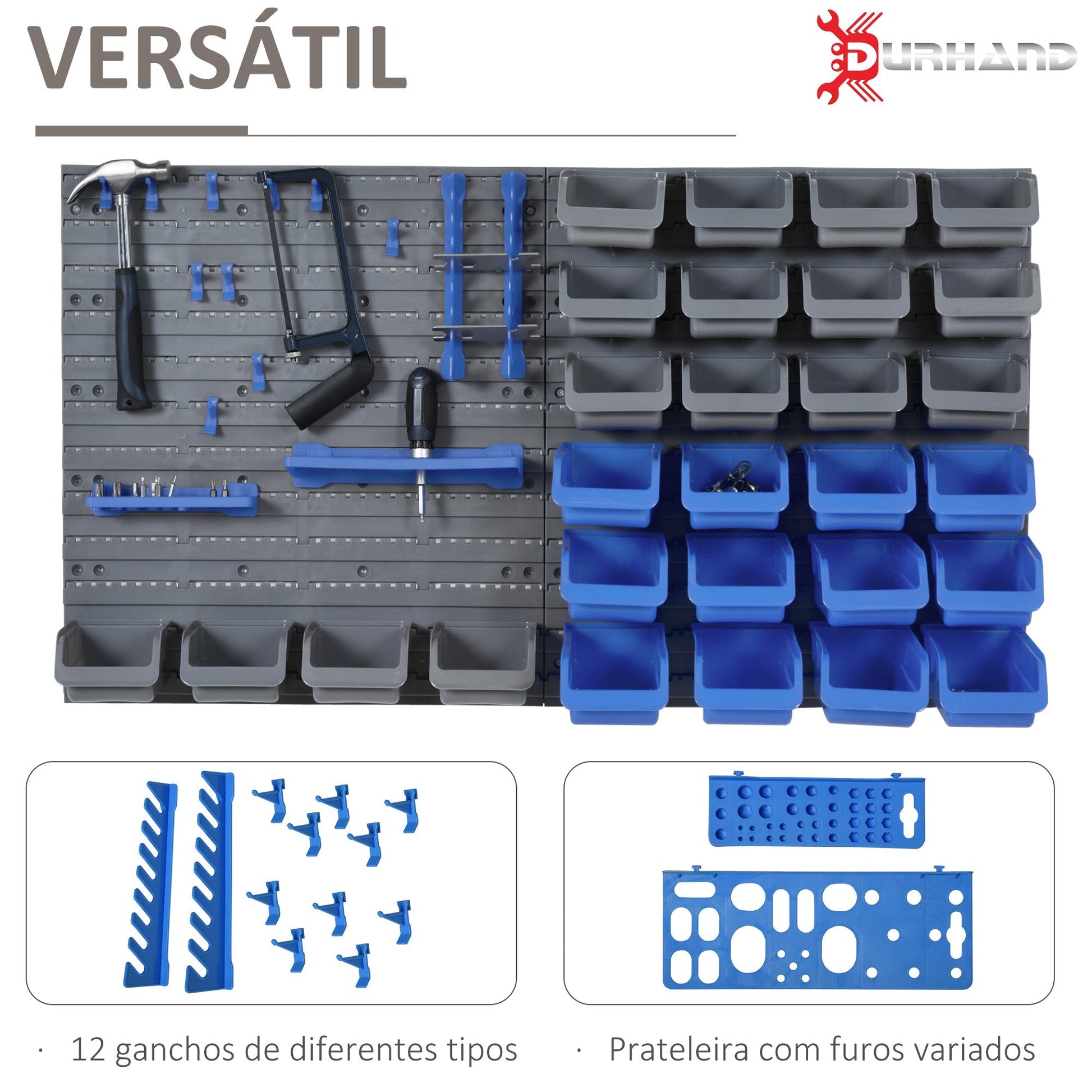 DURHAND Prateleira de Parede Organizador de Ferramentas de 44 Peças 54x95 cm Prateleiras de Armazenamento com 28 Caixas Empilháveis e Diferentes Ganchos Cinza e Azul - A minha loja
