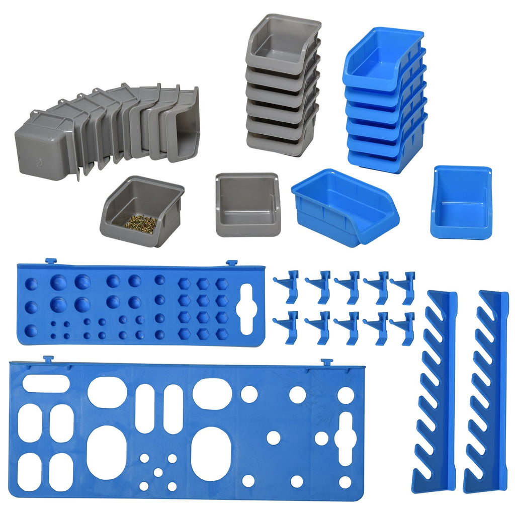 DURHAND Prateleira de Parede Organizador de Ferramentas de 44 Peças 54x95 cm Prateleiras de Armazenamento com 28 Caixas Empilháveis e Diferentes Ganchos Cinza e Azul - A minha loja