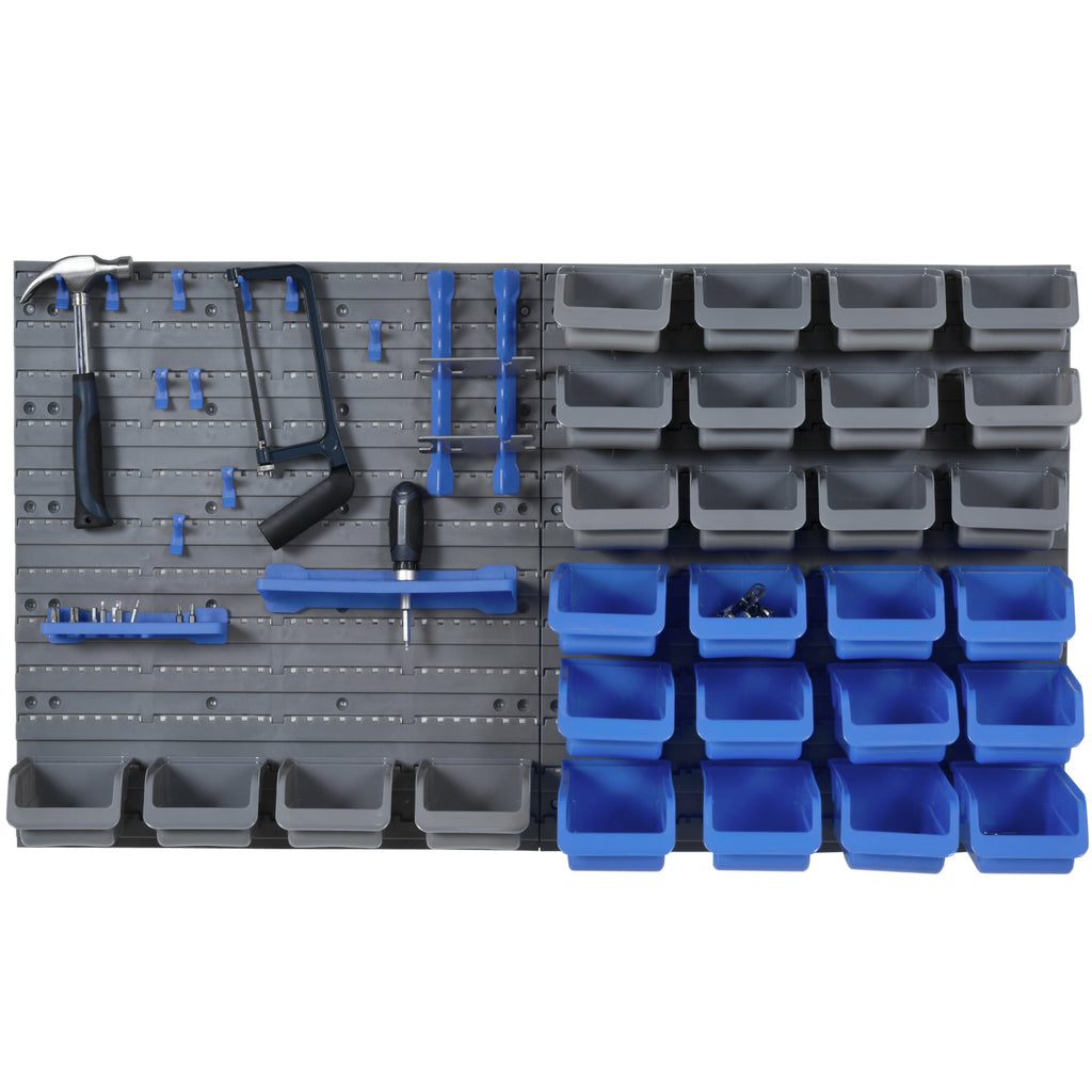 DURHAND Prateleira de Parede Organizador de Ferramentas de 44 Peças 54x95 cm Prateleiras de Armazenamento com 28 Caixas Empilháveis e Diferentes Ganchos Cinza e Azul - A minha loja