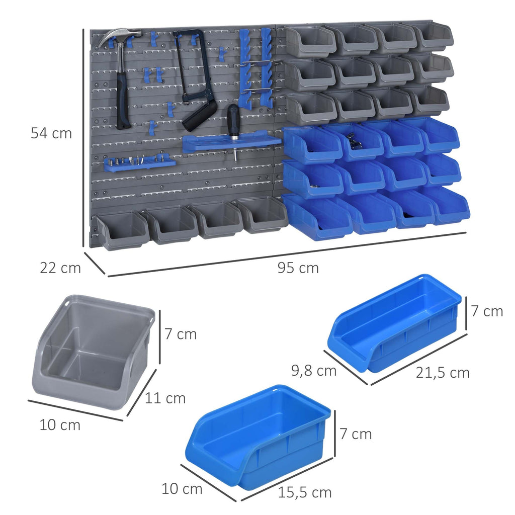 DURHAND Prateleira de Parede Organizador de Ferramentas de 44 Peças 54x95 cm Prateleiras de Armazenamento com 28 Caixas Empilháveis e Diferentes Ganchos Cinza e Azul - A minha loja