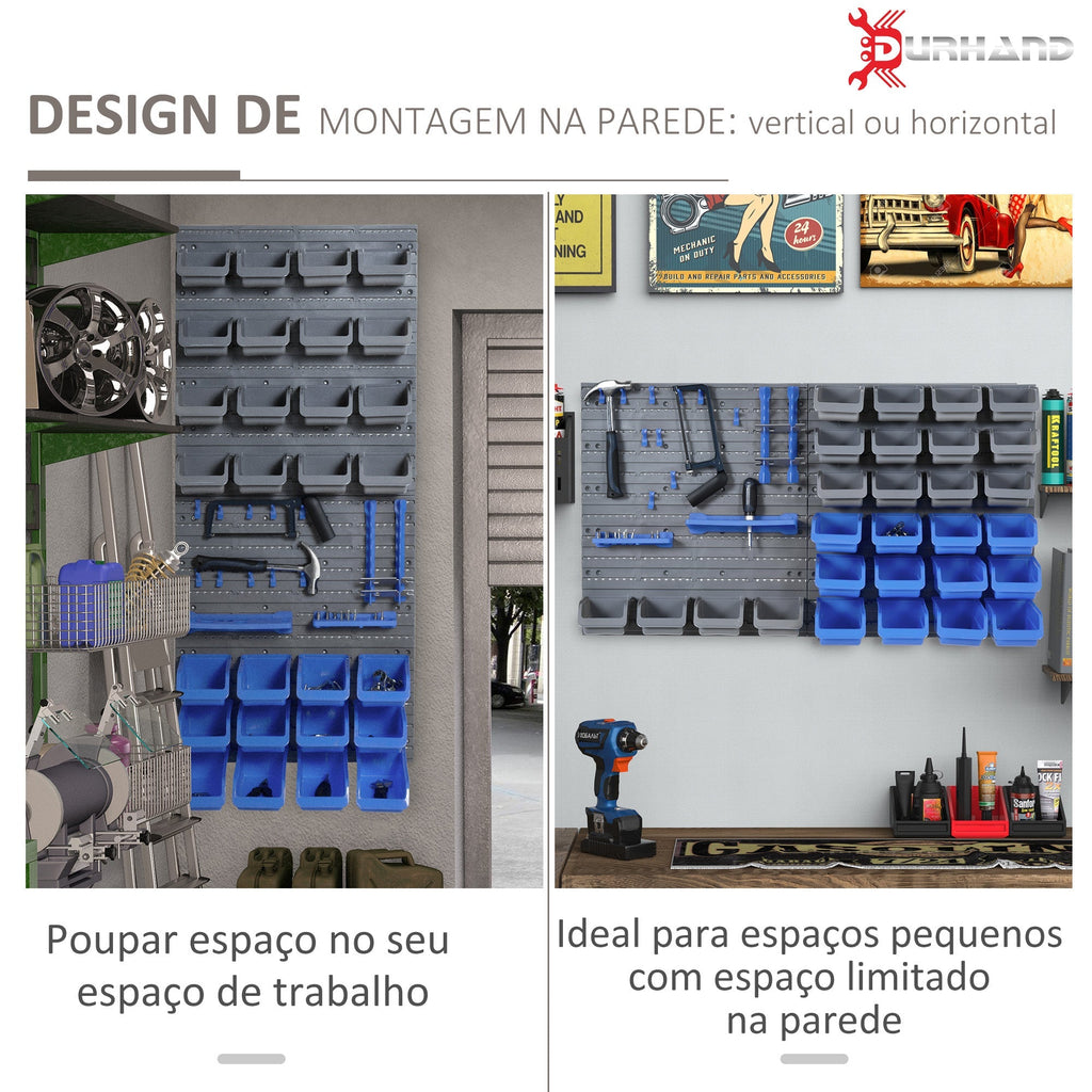 DURHAND Prateleira de Parede Organizador de Ferramentas de 44 Peças 54x95 cm Prateleiras de Armazenamento com 28 Caixas Empilháveis e Diferentes Ganchos Cinza e Azul - A minha loja