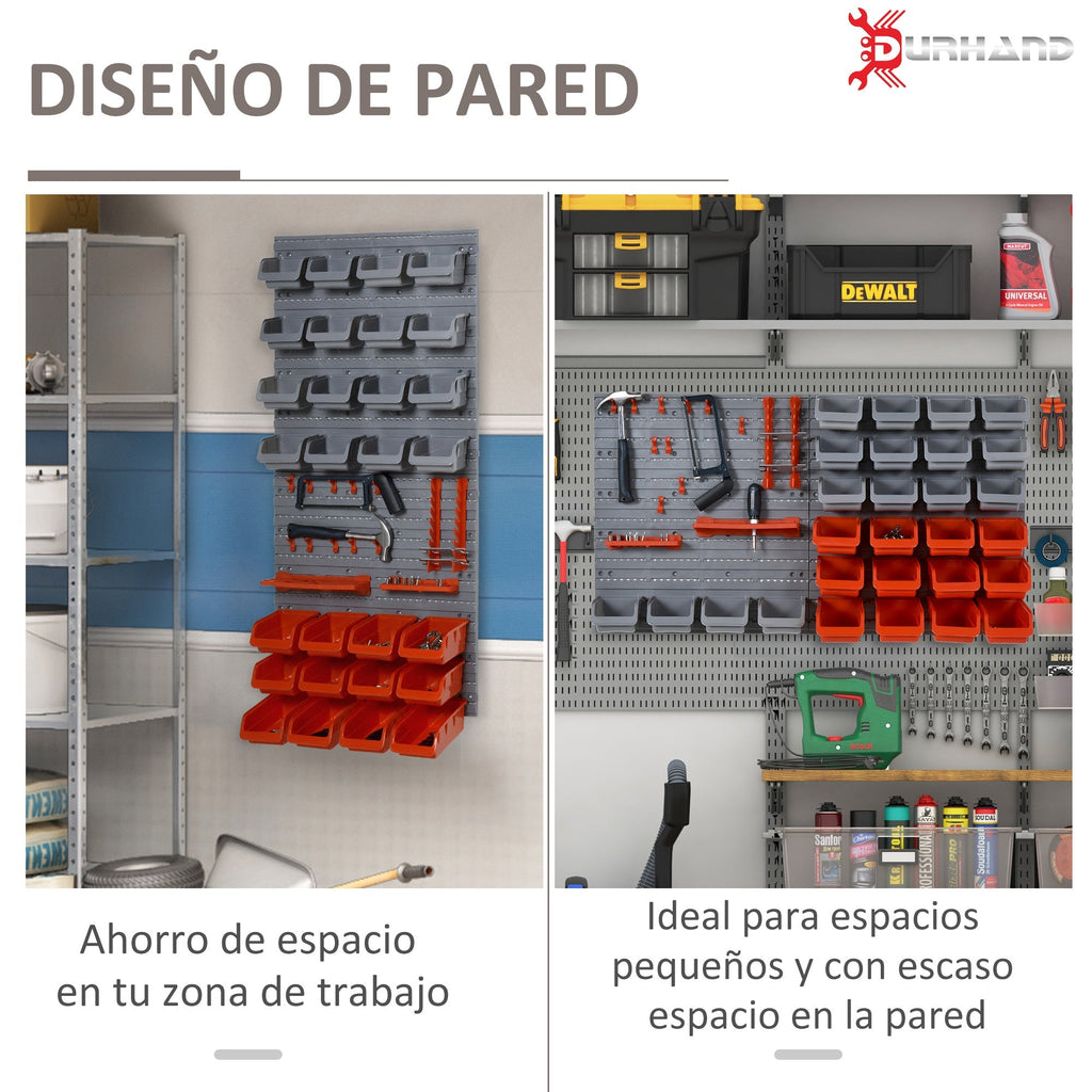DURHAND Prateleira de Parede Organizador de Ferramentas Prateleiras de Armazenamento com 28 Caixas Empilháveis e Diferentes Ganchos 95x22x54 cm Cinza e Vermelho - A minha loja