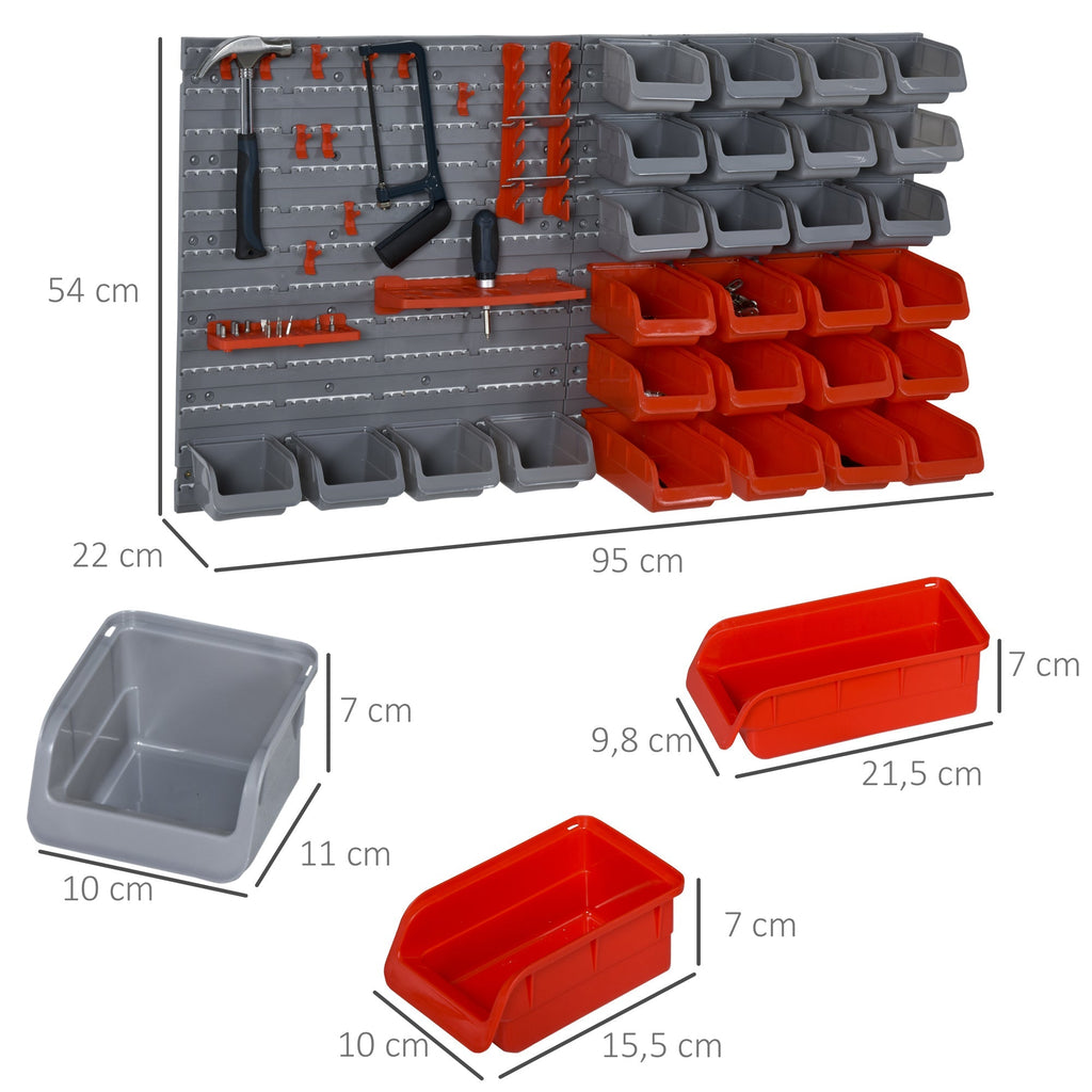 DURHAND Prateleira de Parede Organizador de Ferramentas Prateleiras de Armazenamento com 28 Caixas Empilháveis e Diferentes Ganchos 95x22x54 cm Cinza e Vermelho - A minha loja