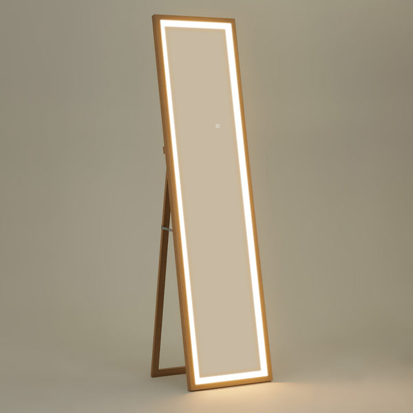 Espelho de Pé com Luz LED 40x160 cm Espelho de Corpo Inteiro com Iluminação de 3 Cores Tátil Função de Memória e Suporte para Sala de Estar Dormitório Madeira